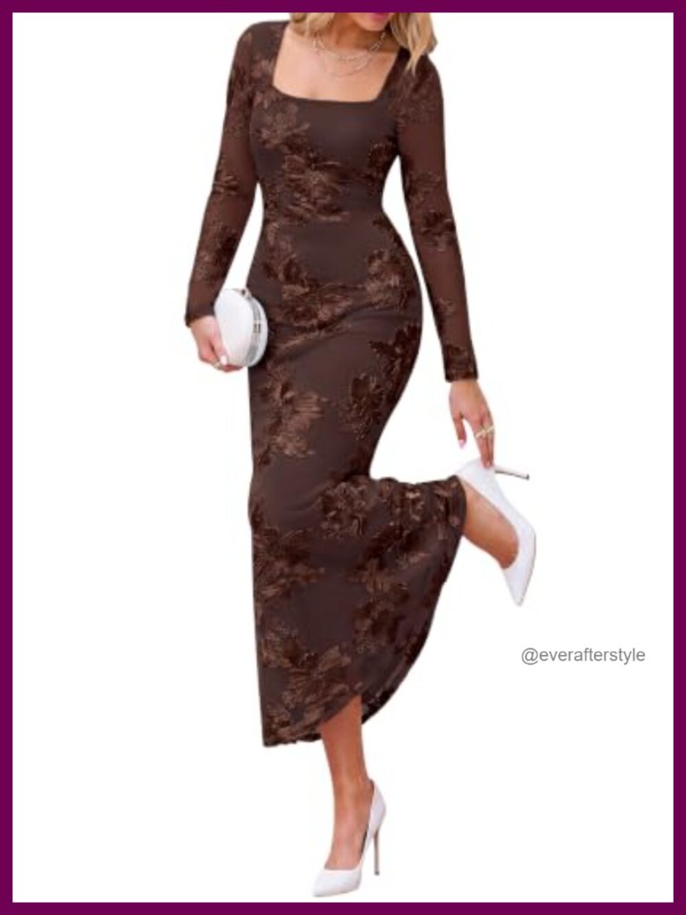 Womens Long Sleeve Bodycon Floral Mesh Maxi Wedding Guest Dress
